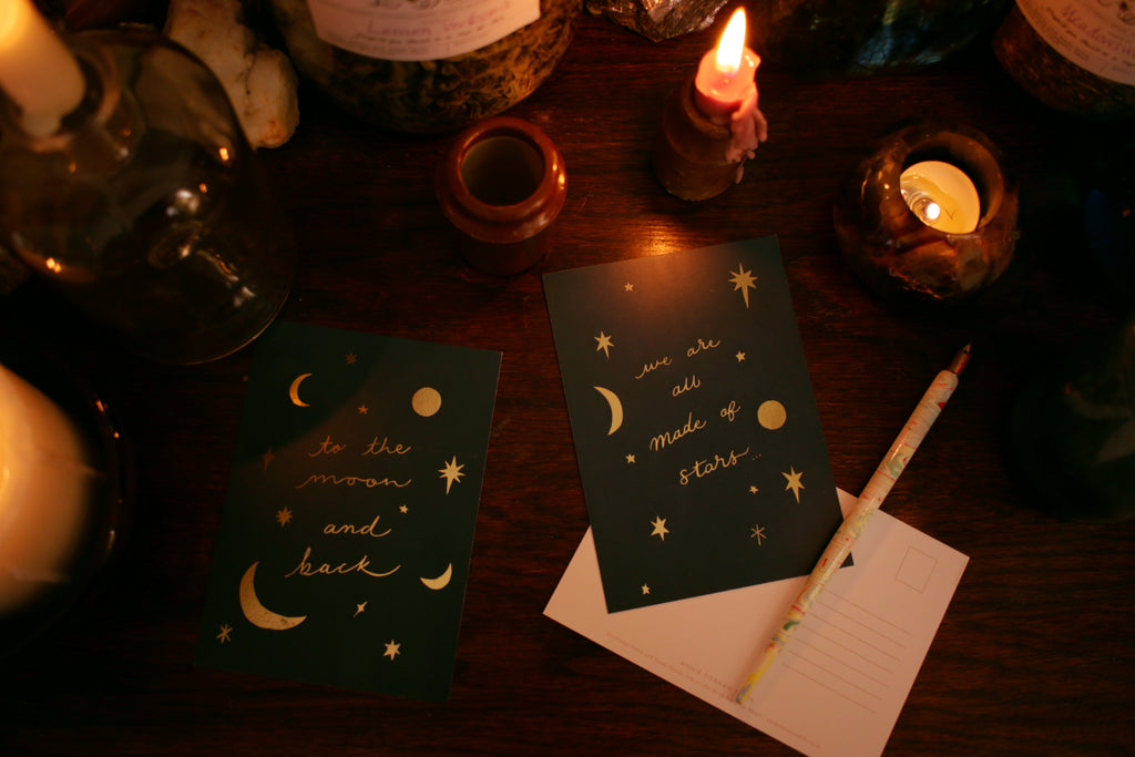 gold foil celestial postcards