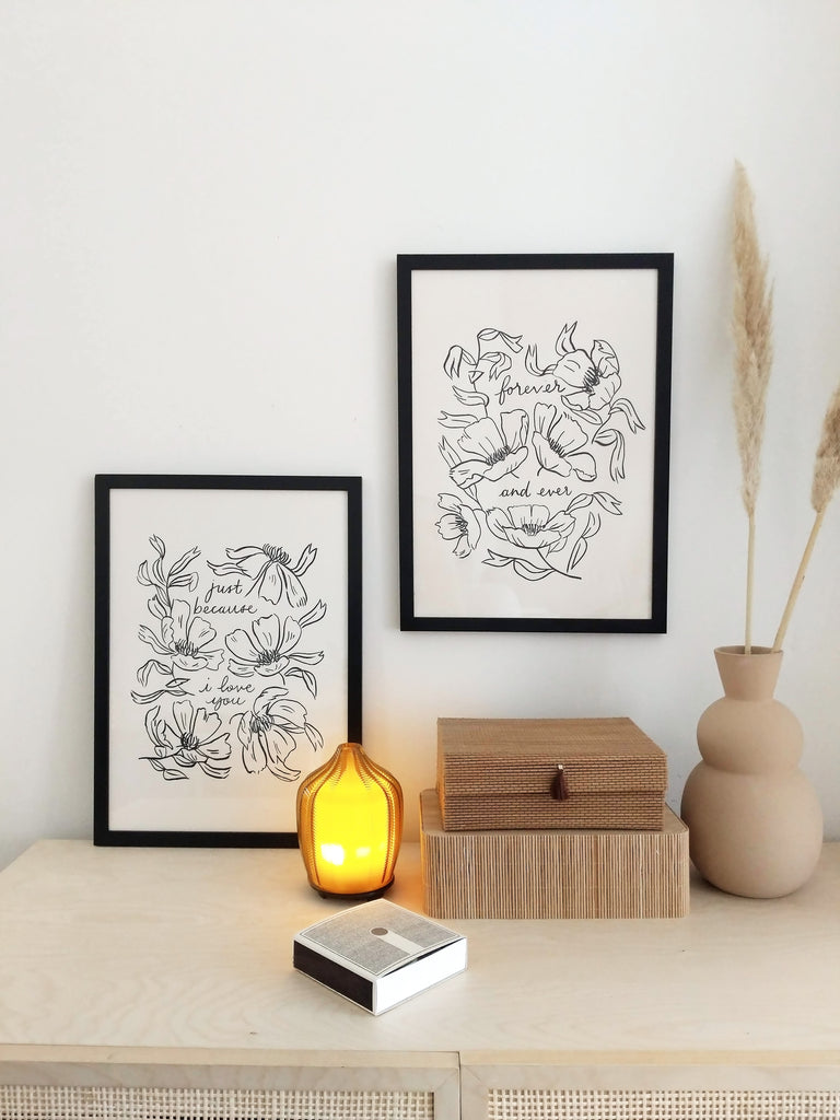 Two minimal, floral prints in black frames, hanging on a wall, styled in a scandinavian style