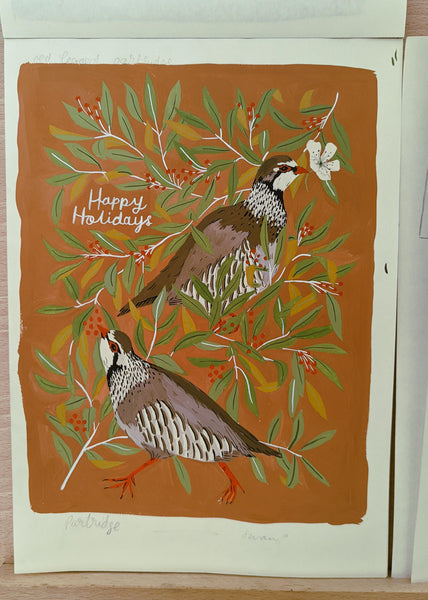 illustration of christmas partridges - created with gouache paint on sketchbook paper