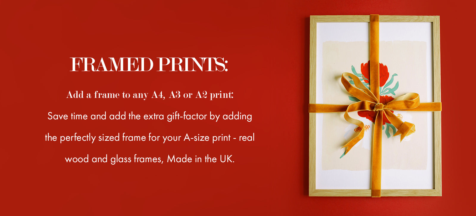 Add a frame to any A4, A3 or A2 print: Save time and add the extra gift-factor by adding the perfectly sized frame for your A-size print - real wood and glass frames, Made in the UK. (image: a framed print, wrapped in a velvet ribbon, on a red background)