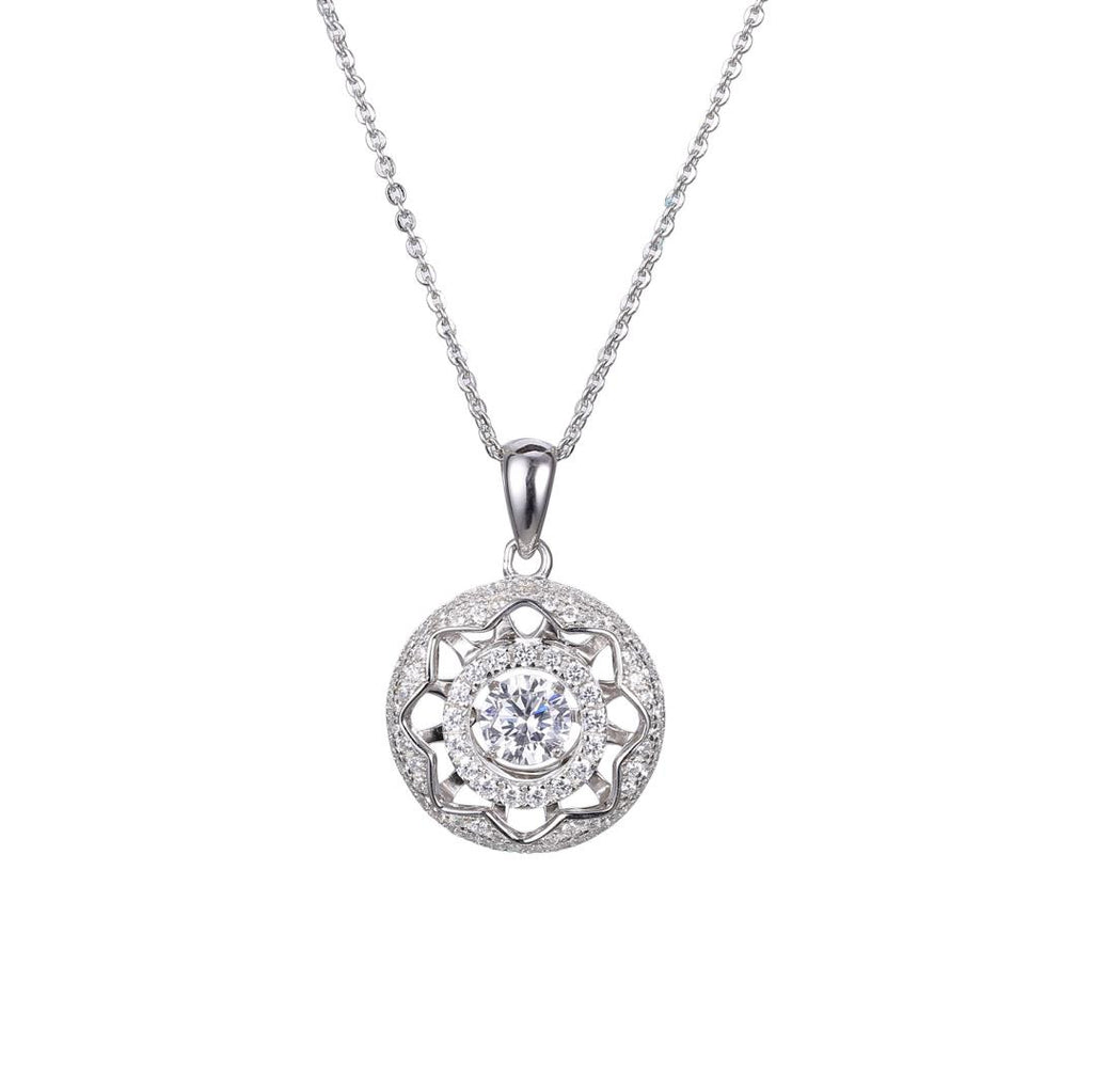Sterling Silver Blooming Flower Round Dancing Diamond Pendant Necklace ...