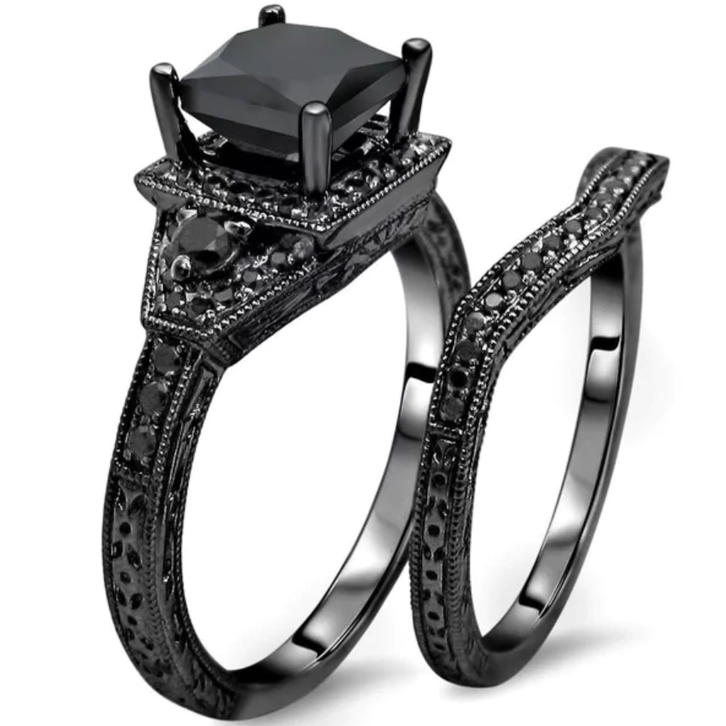Black Diamond 925 Sterling Silver Engagement Ring Set – EverMarker