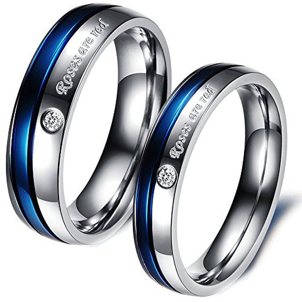 Roses Are Red Stainless Steel Blue Silver Promise Proposal Couple Ring ...