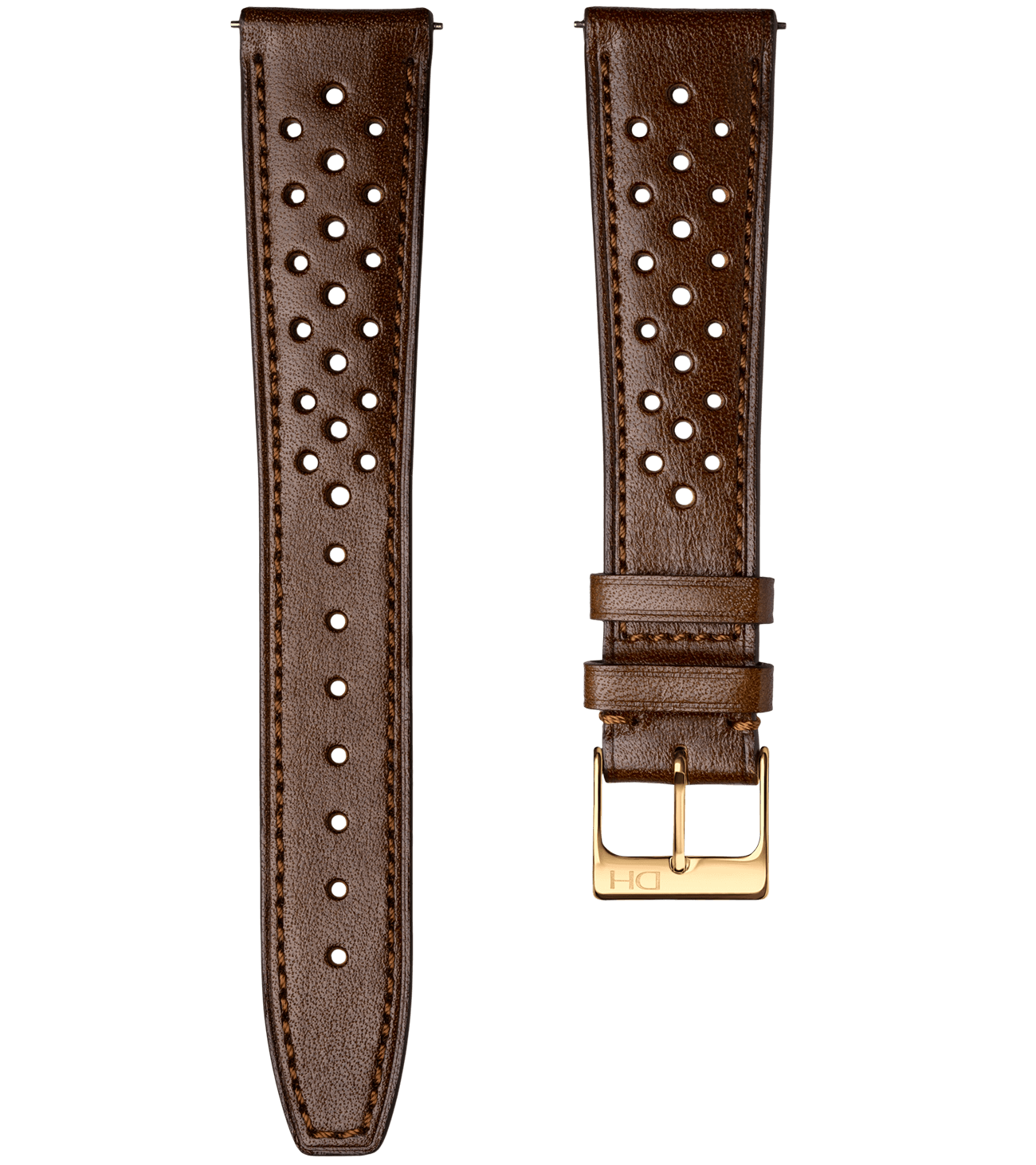 <h3>Leather Strap</h3> Racing brown top grain leather strap with golden buckle<br><span>Easy Release Strap</span>