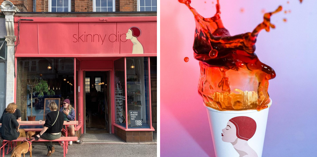 2 images side by side. One shows the exterior of Skinny Dip coffee shop. The other shows a paper coffee cup with coffee splashing in it.