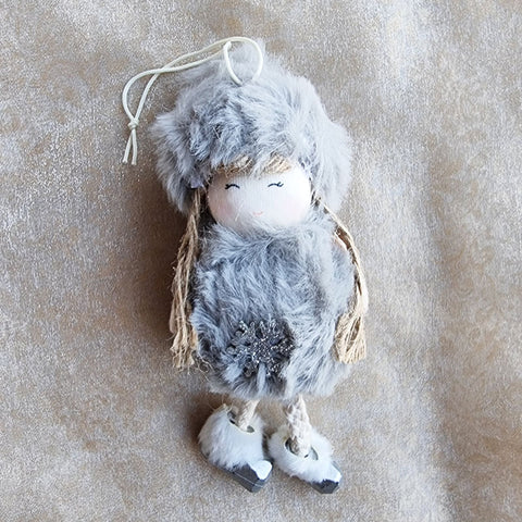 Hanging Christmas Angel Ornament With Fluffy Hat - Grey
