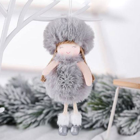 Hanging Christmas Angel Ornament With Fluffy Hat - Grey