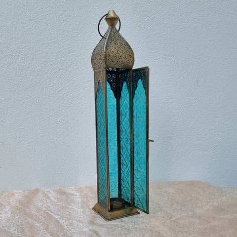 Extra Tall Brass Handcrafted Lantern - Turquoise