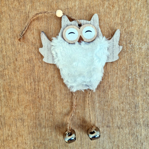 Fluffy Wood Owl Christmas Ornament - White Eyes Closed