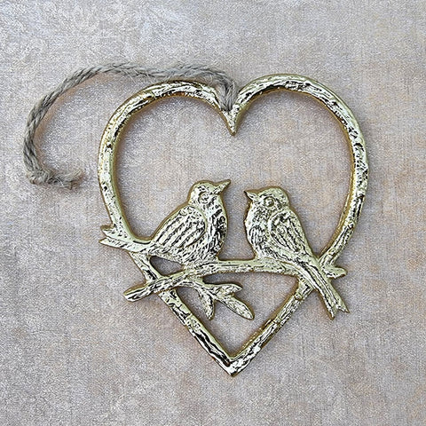 Hanging Gold Christmas Birds on Branch Heart Ornament