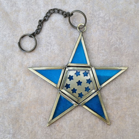 Hanging Star Ornament Glass & Brass - Turquoise