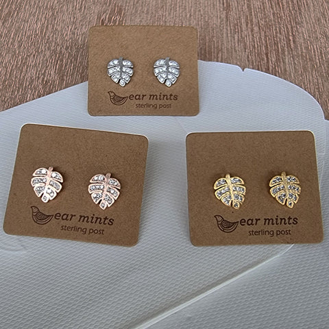 Palm Leaf Ear Mints Earrings - Gold With Cubic Zirconia