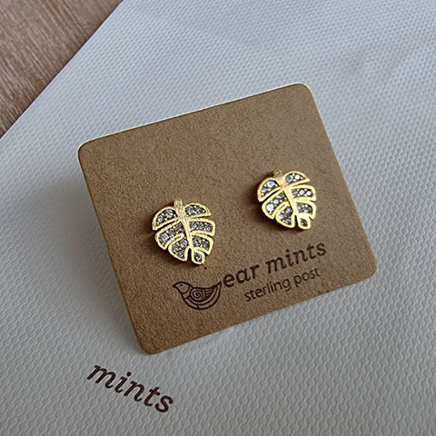 Palm Leaf Ear Mints Earrings - Gold With Cubic Zirconia