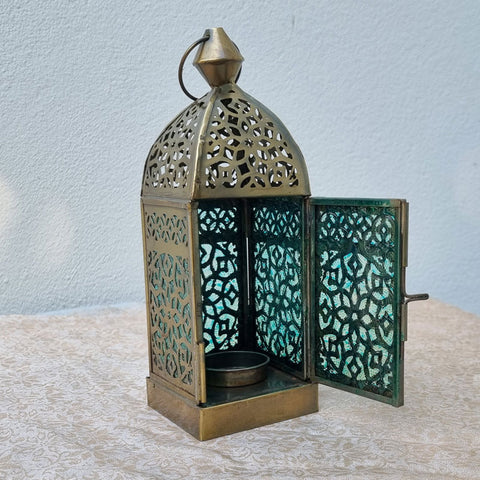 Square Brass Handcrafted Lantern - Turquoise