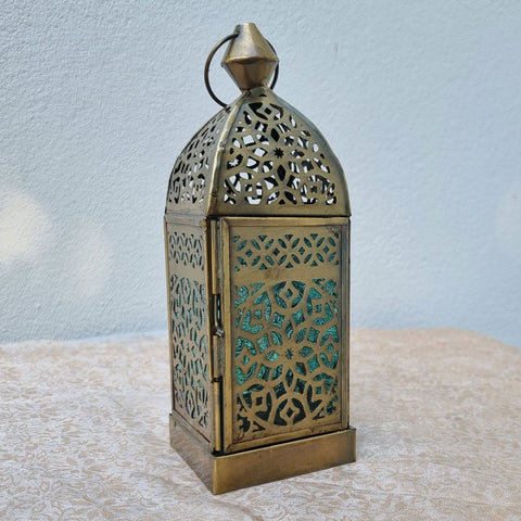 Square Brass Handcrafted Lantern - Turquoise