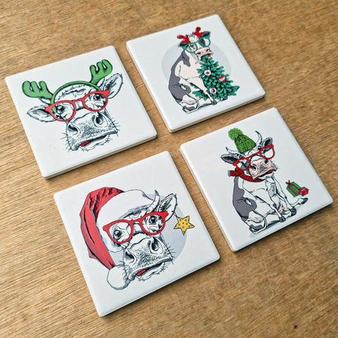 Cow Christmas Set of 4 Coasters