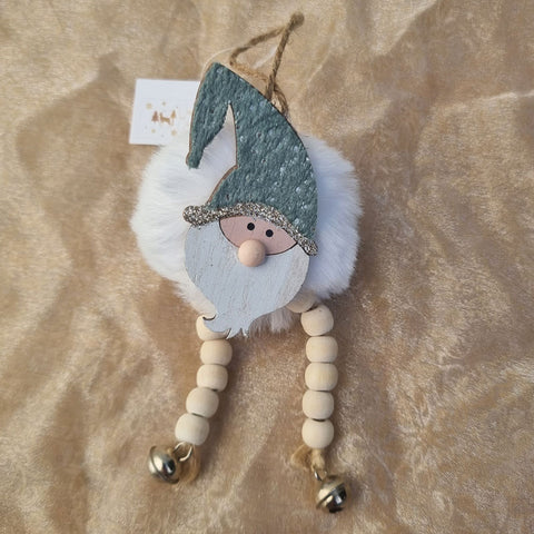 Fluffy Santa Ornament With Beads & Bells - Sage