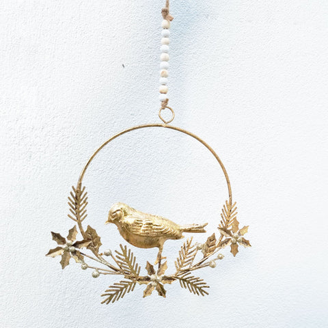 Hanging Bird In Circle Wreath - Gold