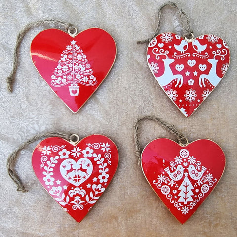 Red Metal Hanging Heart Ornament - Birds & Reindeer