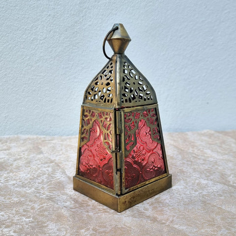 Brass And Glass Handcrafted Lantern - Red