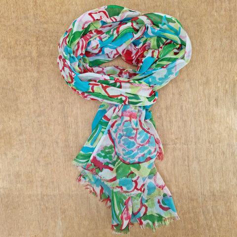 Red & Turquoise Floral Cotton Scarf