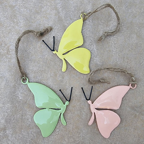 Set of 3 Metal Butterfly Hanging Ornaments - Green, Peach & Yellow