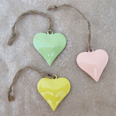 Set of 3 Metal Heart Hanging Ornaments - Green, Peach & Yellow