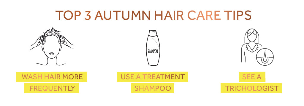 Infographic listing three top haircare tips for autumn - use specialist shampoo, wash hair often, and see a trichologist