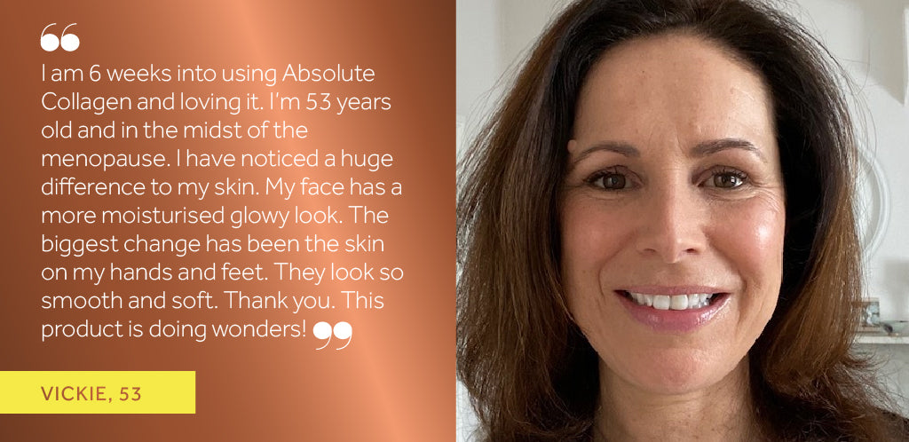 Photo showing a smiling white brunette woman alongside a positive review of Absolute Collagen