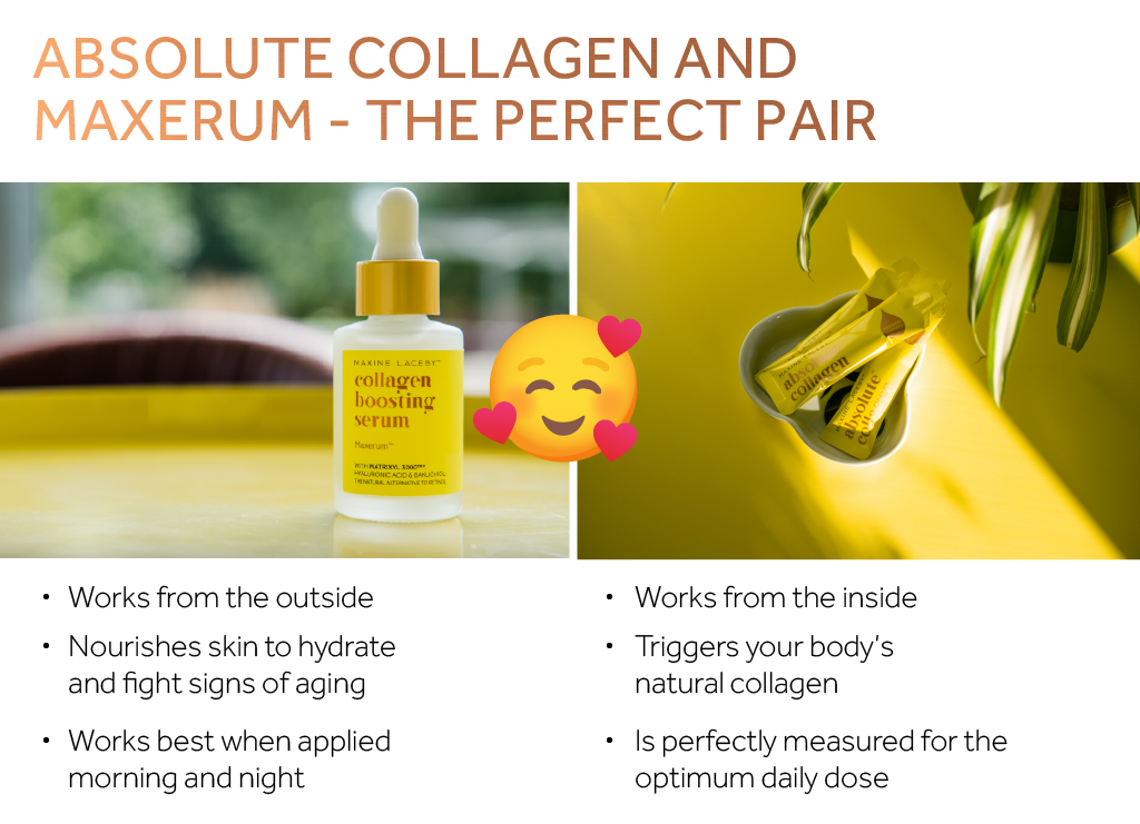 Photo of Maxerum and Absolute Collagen sachets alongside text describing the ways they work together for better skincare