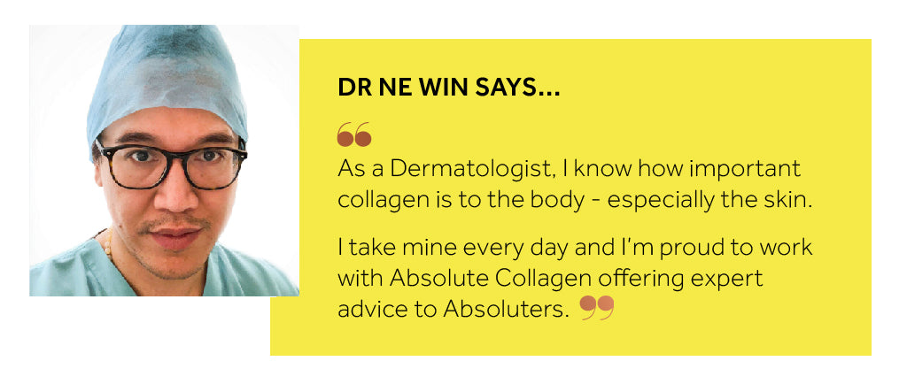 Image showing Dr Thurein Ne Win wearing surgical scrubs and looking into the camera, alongside a quote from him about how important collagen is for the skin