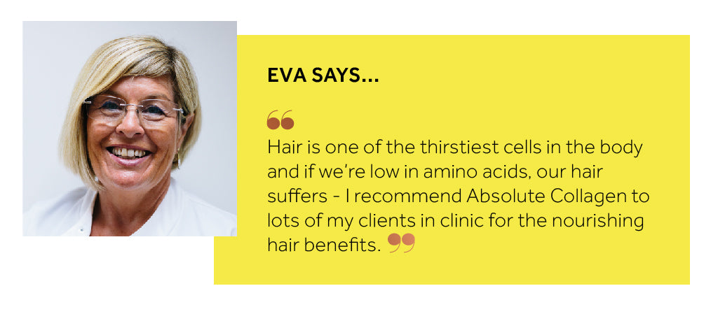 Photo showing Eva Proudman smiling at the camera, alongside a quote from her about the nourishing benefits of Absolute Collagen for hair