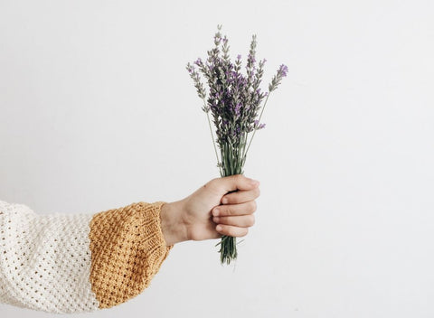 Woman holding bouquet of lavender against white all for article about quick sleep hacks.