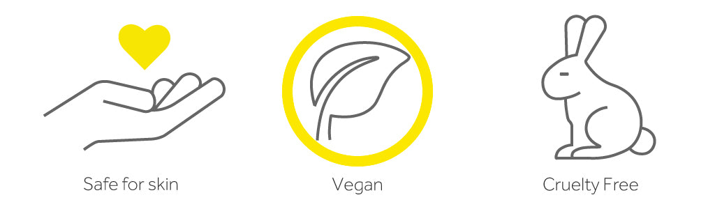 Graphic showing a hand with a yellow heart, a leaf in a circle, and the outline of a rabbit representing kind to skin, vegan friendly, and cruelty free