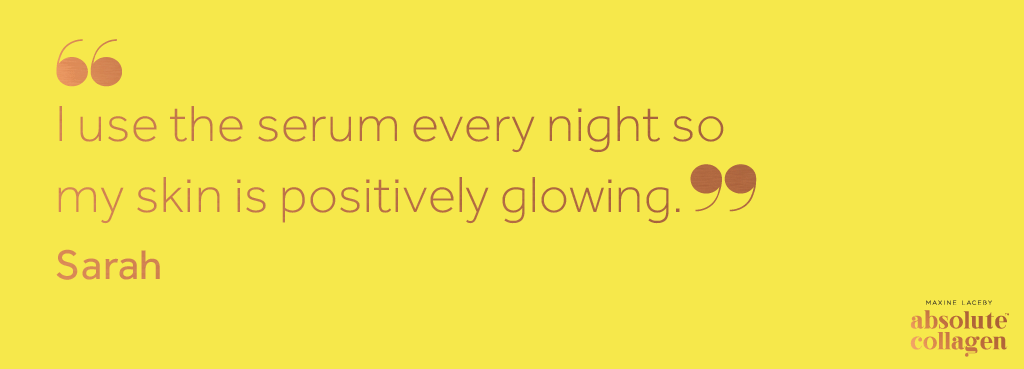 Copper text on a yellow background describing how Maxerum helps a customer's skin to retain a glowing appearance