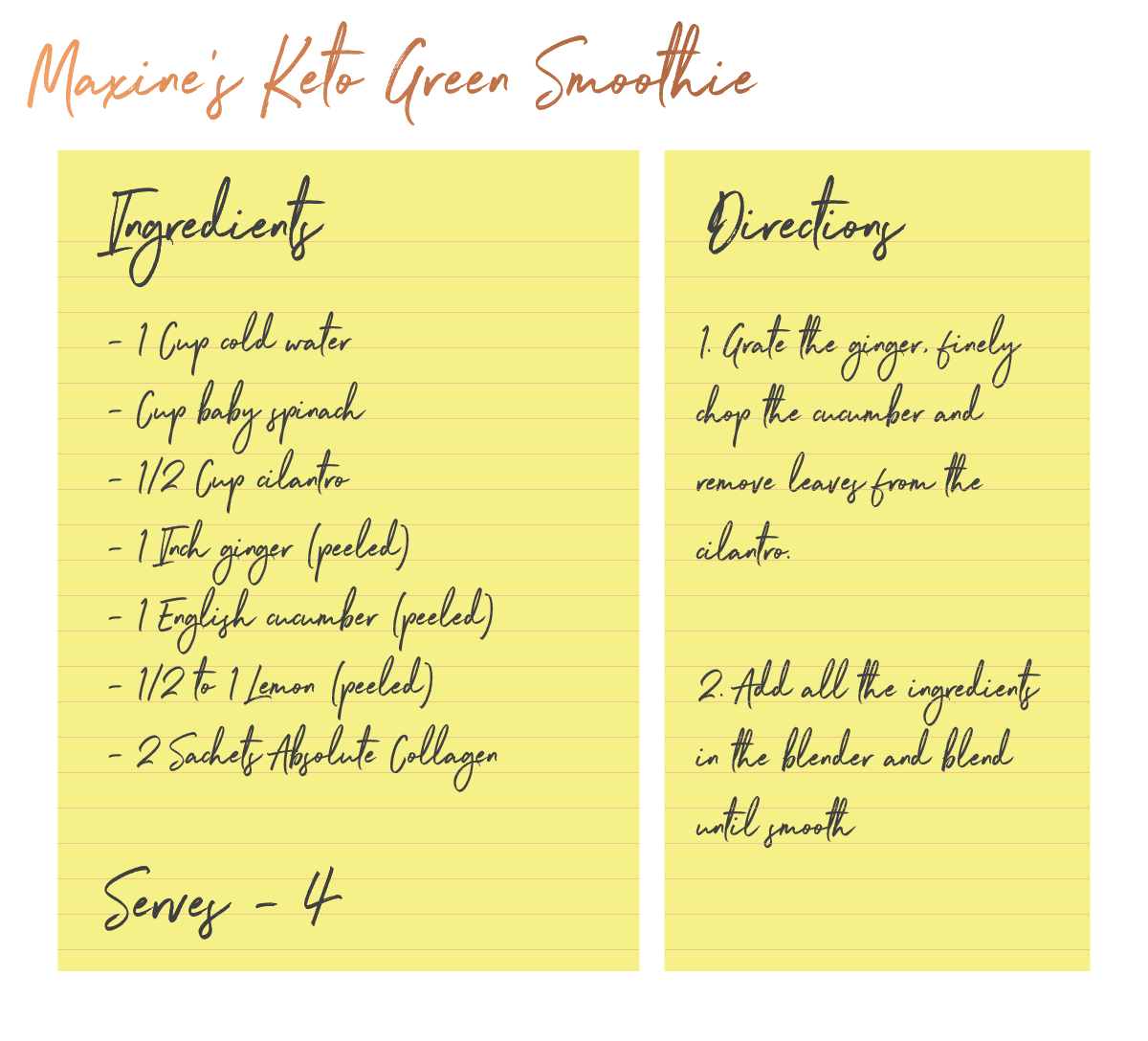 Image with cursive writing on yellow background showing a recipe for a keto collagen green smoothie