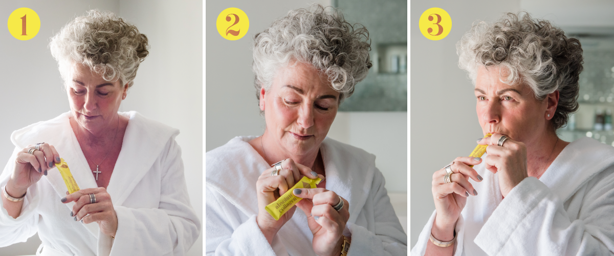3 photos showing Maxine Laceby twisting, tearing and taking a sachet of Absolute Collagen