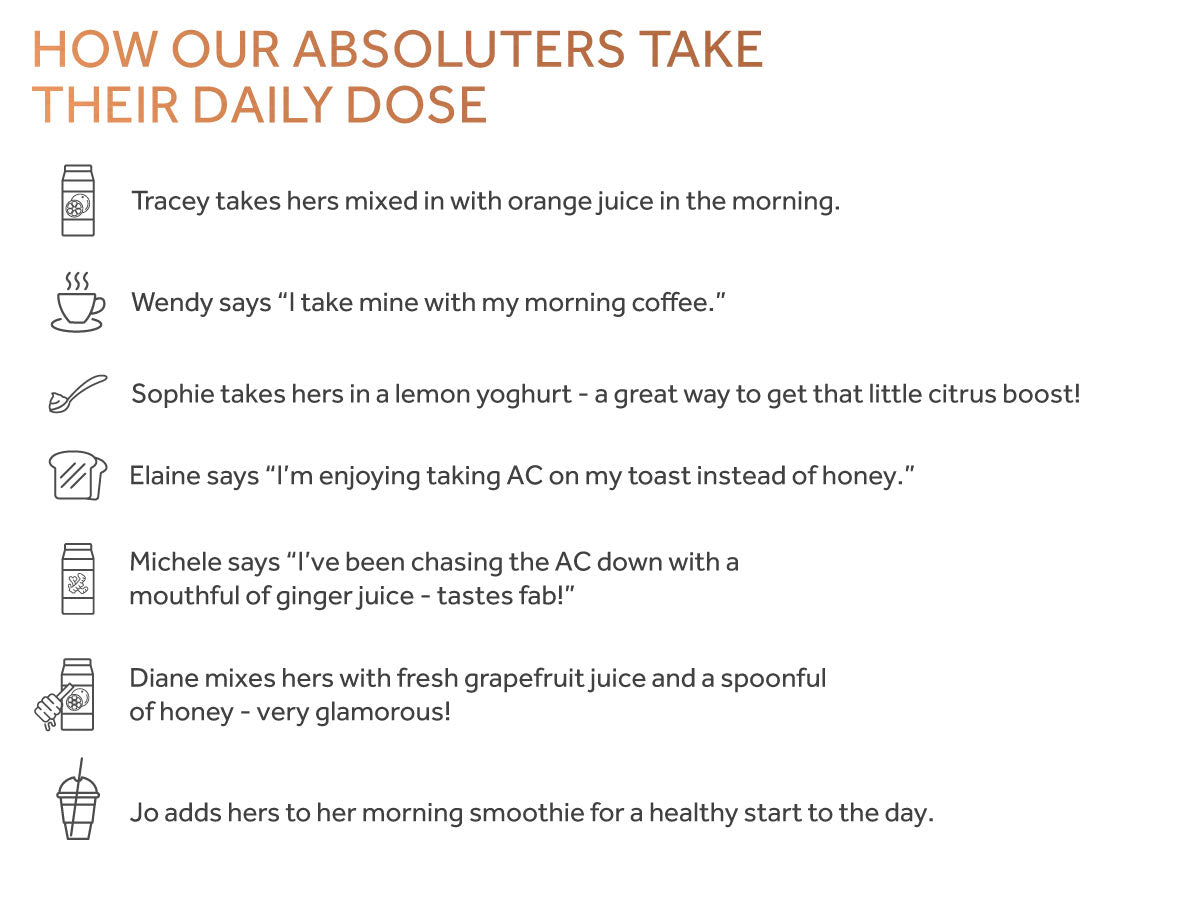 Graphic listing quotes from several female Absoluters describing how they take their daily dose of Absolute Collagen