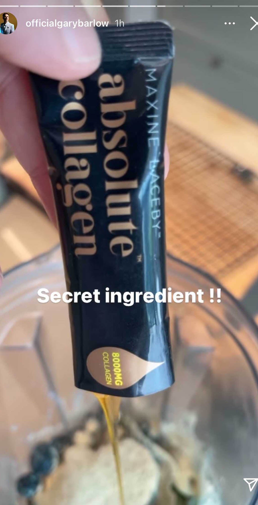 Photo from Gary Barlow's Instagram stories showing the contents of a black Absolute Collagen sachet being squeezed into a blender