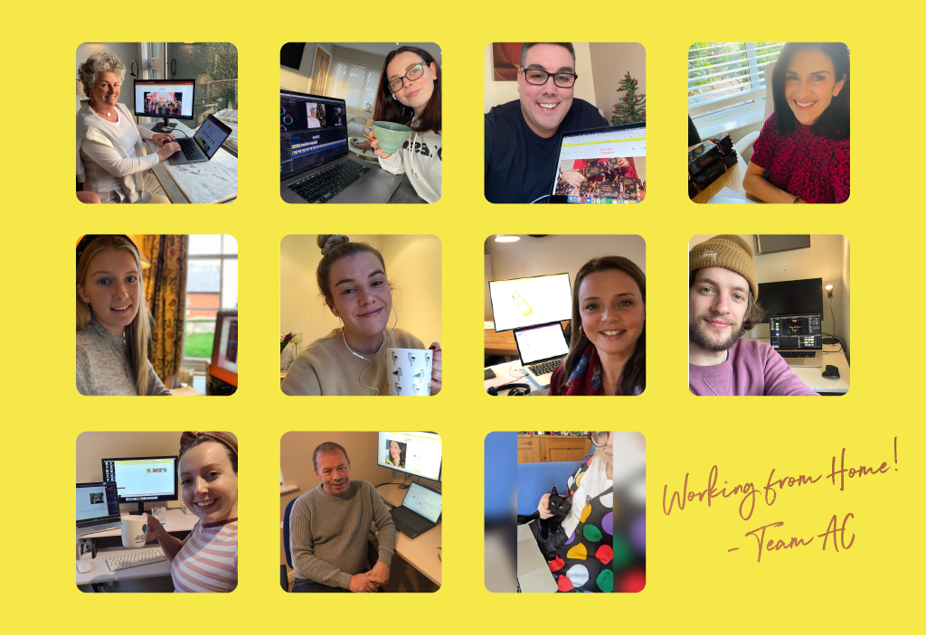 A grid of photos on a yellow background showing members of the Absolute Collagen team working from home 