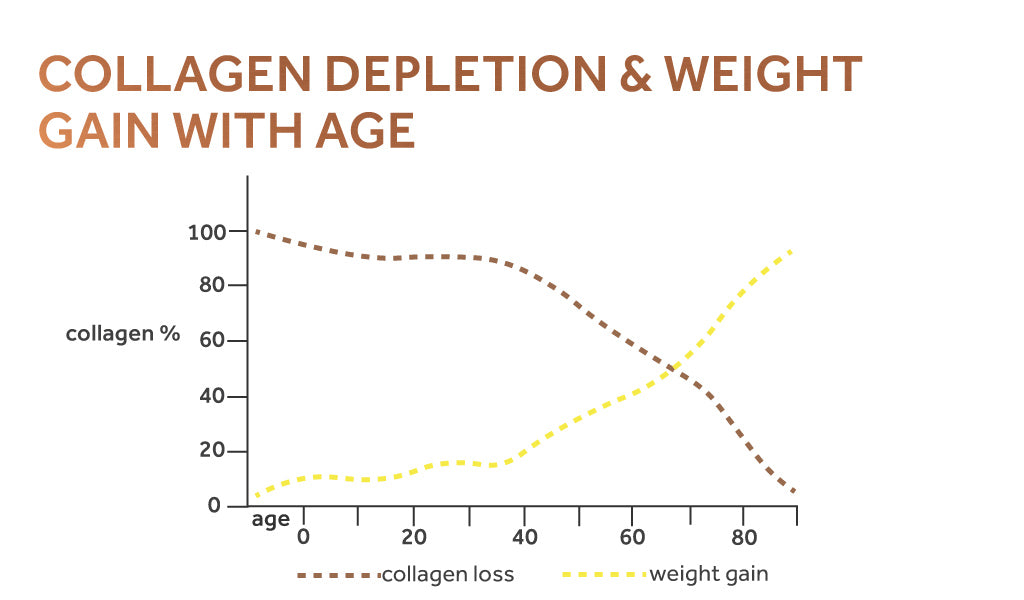 Graph showing the inverse relationship between collagen depletion and weight gain as we age