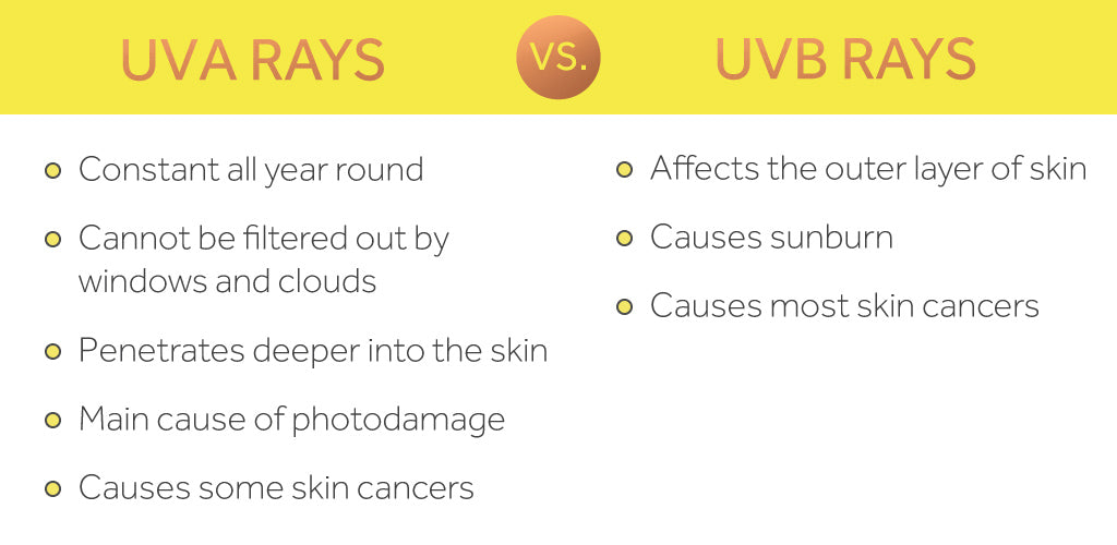 Graphic listing the differences between UVA and UVB rays and how they affect the skin
