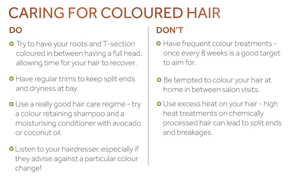 List showing the Dos and Don'ts of caring for coloured hair