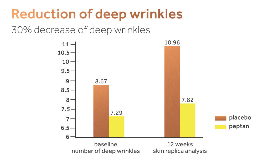 Graph showing the impact of peptan collagen on deep wrinkles compared to a placebo.