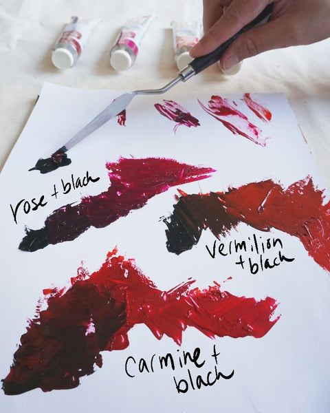 Bone black oil paint mixed with carmine, rose and vermilion red to form shades of red 