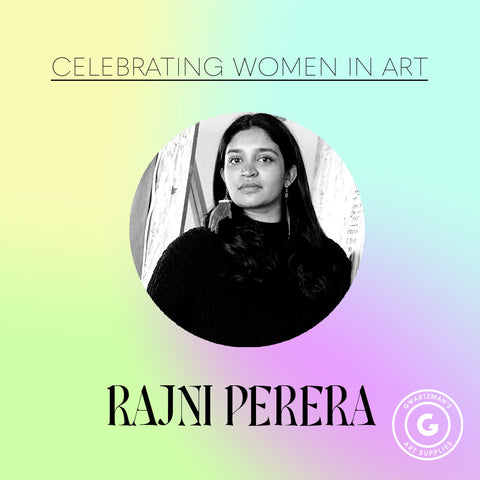 black and white portrait of Rajni Perera in a circle overlaid on a colourful pastel gradient. "Celebrating Women Artists: Rajni Perera"