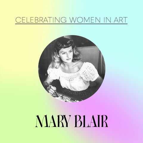 pastel gradient background with a circular image of Mary Blair centered. Above says celebrating women in art, below Mary Blair.