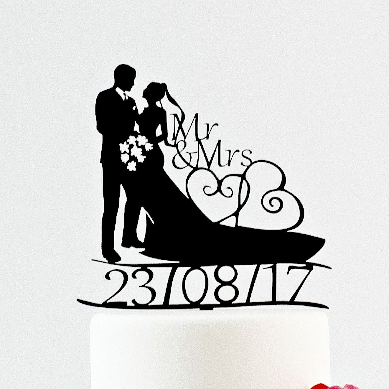 Traditional Bride And Groom Silhouette Wedding Cake Topper With Custom