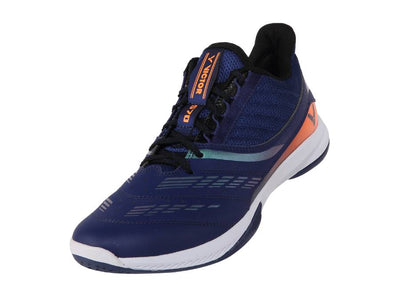 Victor S70 B Badminton Court shoe in blue white and orange color on sale at Badminton Warehouse