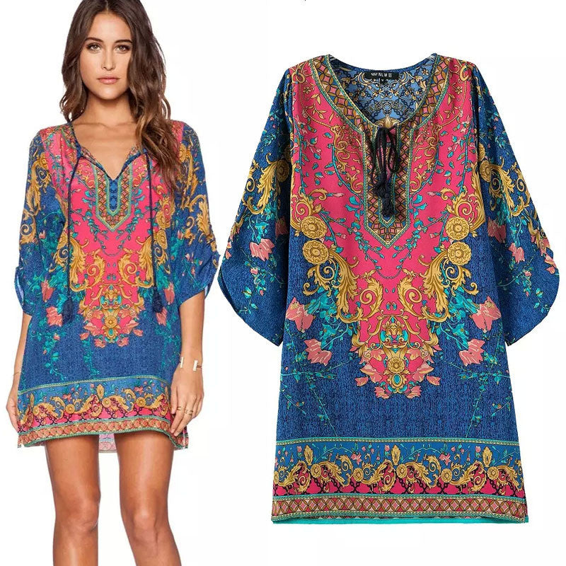 Gypsy Fashion Hippie Style Dress Chiffon Ladies Blue Short Sundress – 🌸 ...